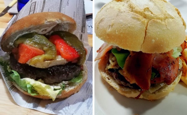 Imágenes de las hamburguesas ganadoras. La de la derecha hay que pedirla como 'Miruella' y es la presentada por el restaurante Jarana (Ampuero), que ha conseguido el primer premio a la mejor Hamburguesa 'Km0 de Cantabria'. La de la izquierda, es la hamburguesa 'Montañesa' es la presentada por el restaurante Somo Parque, que ha conseguido el premio a mejor 'Gourmet de Cantabria'.