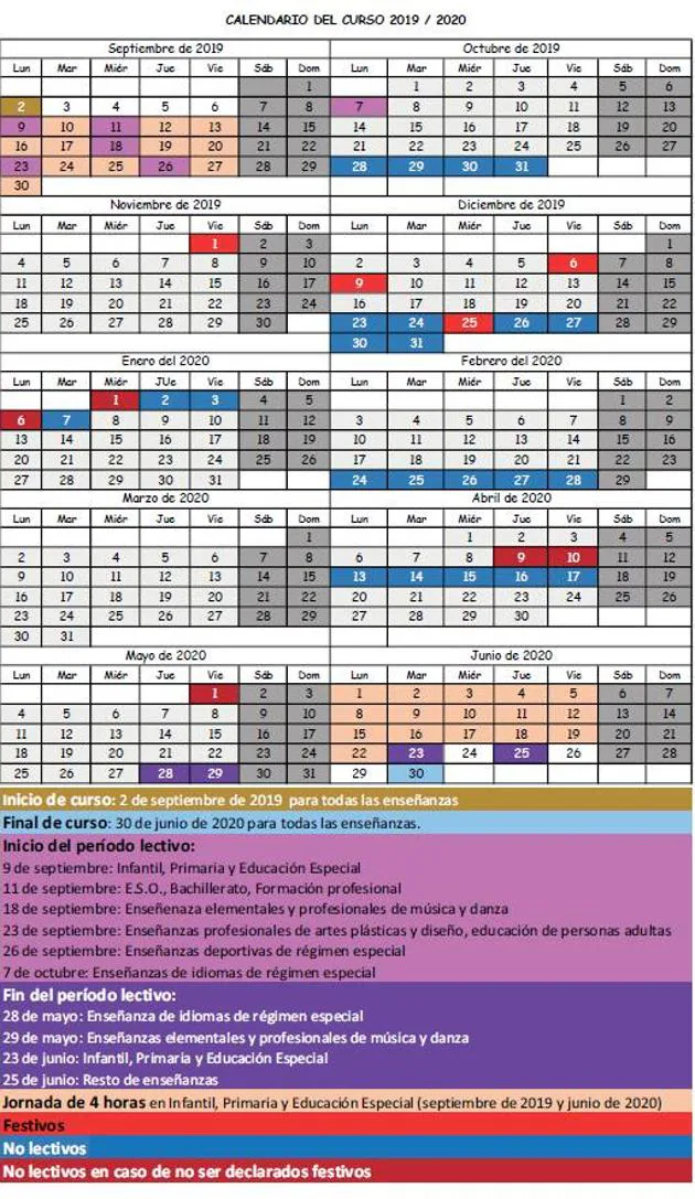 Publicado el calendario escolar para el curso 2019-2020