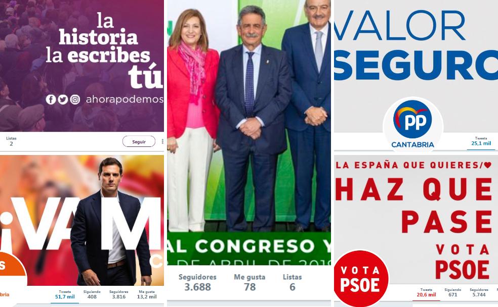 Los perfiles de Twitter de los cinco partidos cántabros con representación en el Parlamento autonómico, desde los que están intentando cazar votos.