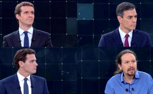 Arriba. Pablo Casado (PP) y Pedro Sánchez (PSOE). Abajo. Albert Rivera (Ciudadanos) y Pablo Iglesias (Podemos).