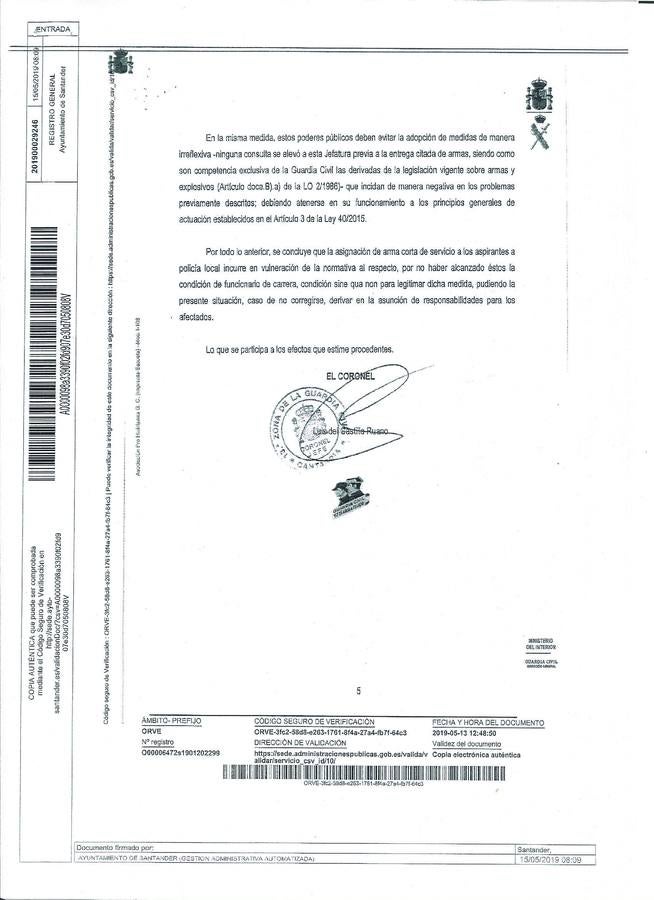 Imagen - Duro informe de la Guardia Civil. «Las causas alegadas (por el Ayuntamiento) no desvirtúan para nada la clara y fehaciente vulneración de la normativa actual, facultando por vez primera a unos aspirantes a agentes a portar armas».