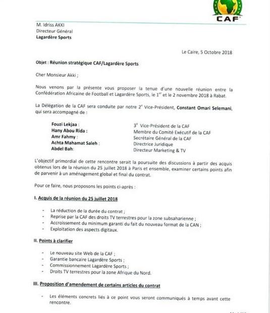 Carta de la Comisión Estratégica de la CAF al director general de Lagardere Sport en oct. 2018 con los puntos a tratar y resolver respecto al reparto económico de los derechos de TV de las competiciones africanas en la reunión que ambas partes tuvieron en Rabat en noviembre, pero en la que Lagardere siguió dando largas a la CAF. 