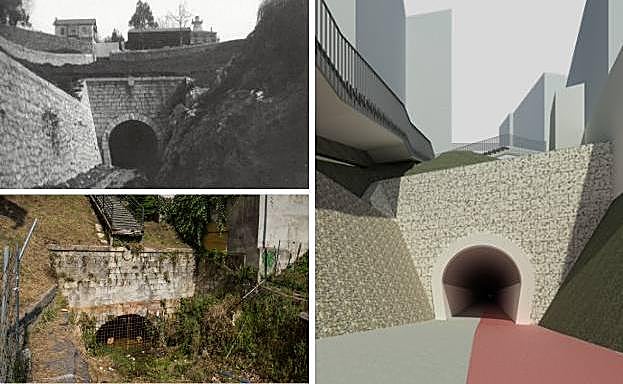 A la izquierda, arriba: La imagen histórica muestra cómo era el acceso (y el barrio) por la zona cercana a Tetuán. Debajo: Imagen de esta semana de la boca. A la derecha: Infografía para mostrar cómo quedará el acceso tras las obras. 