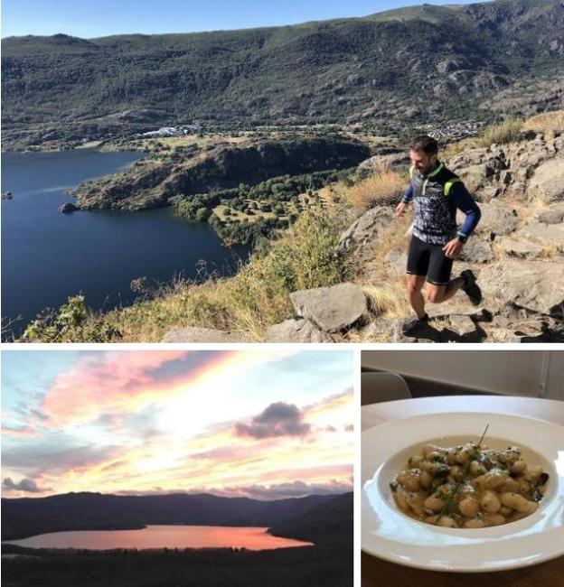 Un corredor de trail, en la Senda de los Monjes, en el mirador del Lago. Abajo, atardecer desde el mirador de la estación Sanabria Lake y un plato de haboneses con setas de este complejo.