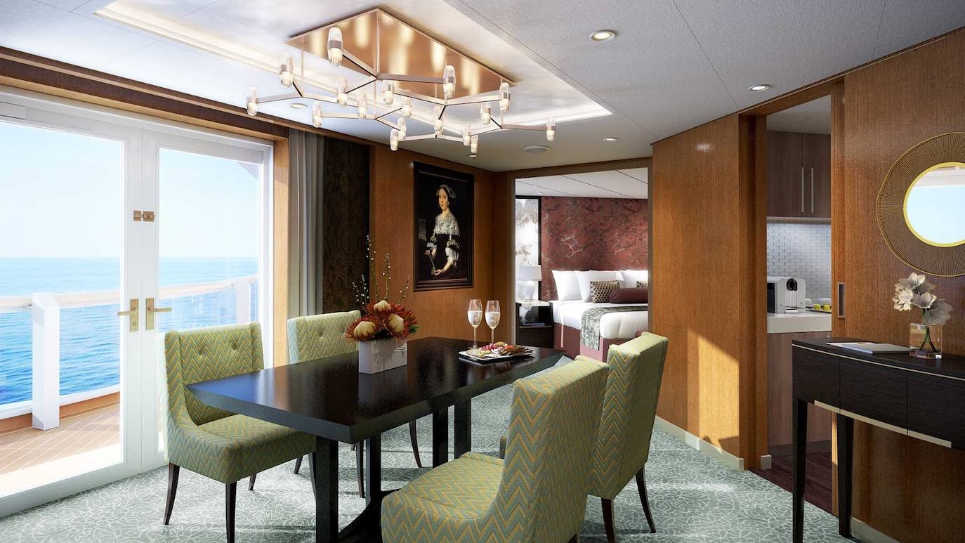 Holland America - Pinnacle Suite. La majestuosa Pinnacle Suite de la que dispone el buque Nieuw Statendam de la compañía Premium Holland America Line es la estancia más amplia y sofisticada del barco. Sus 121 metros cuadrados son toda una maravilla de diseño moderno mezclado con un estilo clásico perfectamente harmonioso. Con unas espectaculares vistas, la suite cuenta con ducha hidromasaje, terraza privada, vestidor y un elegante salón, acompañado de amenities de la lujosa marca Elemies, jacuzzi, entremeses antes de la cena, fiestas privadas con los oficiales del barco o uso exclusivo del Neptune Lounge.