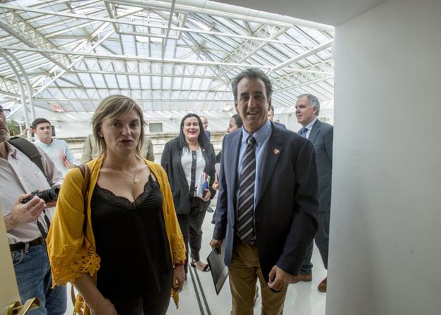 La diputada Ana Obregón acompaña al consejero Francisco Martín a su entrada a la comisión. :