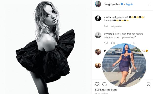 En grande, la cuenta de Instagram de la actriz Margot Robbie, en la que la edición de su pierna generó confusión. En la fotografía de la esquina inferior derecha la 'influencer' Killadamente (Carol Acosta).