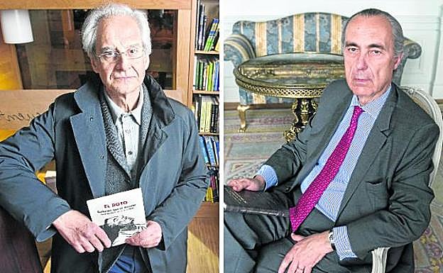 El pintor y dibujante Andrés Rábago, El Roto, a la izquierda, junto a Luis Alberto de Cuenca, poeta, traductor y crítico.