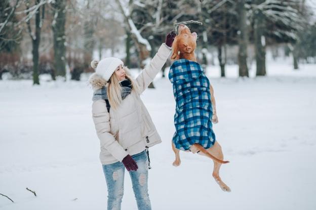 En la nieve jugando con la mascota.