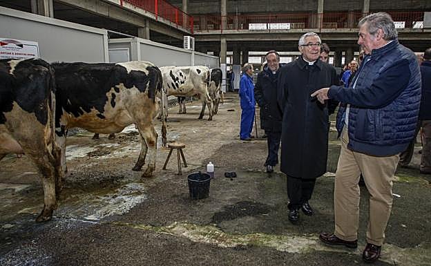 El director del Ferial, Isaac Bolado, muestra al obispo de Santander la sala de ordeño. 