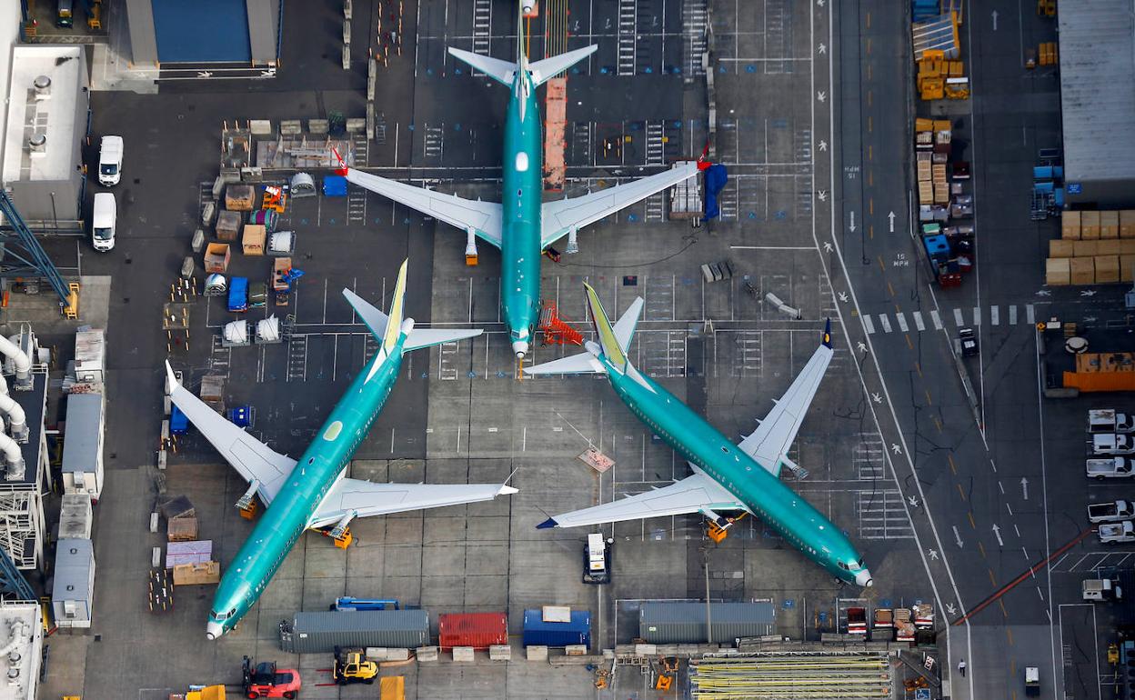 Tres Boeing 737 MAX en la factoría de Renton, en Estados Unidos.