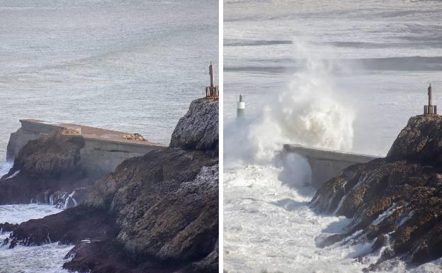 A la izquierda, el extremo del rompeolas vacío. A la derecha, con el farolillo en verde.