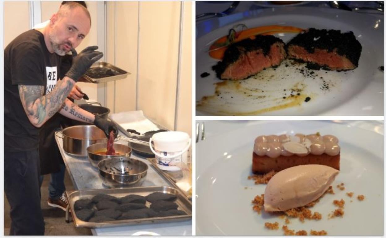 Quique Muñoz, chef de El Serbal, preparando el menú de hoy: guiso de manitas, chipirón de la bahía a la plancha y esferificación de callos; un solomillo de vaca tudanca lacado al carbón y su jugo –plato estelar–, y un bizcocho con puré de castaña y helado de dulce de leche.