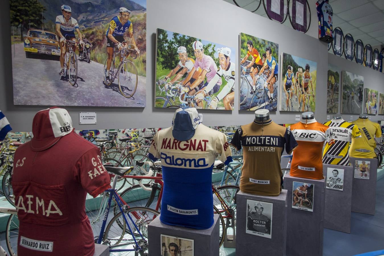 La pasión y tesón de Santiago Revuelta han convertido la exposición en santuario del ciclismo: Una joya de valor incalculable que expone 303 bicicletas originales de todas las épocas de la historia; más de 600 maillots de los mejores ciclistas del mundo (Eddy Merckx, Bernard Hinault, Miguel Indurain, Jaques Anquetil, Federico Bahamontes, Julio Jiménez...); gorras que coronaron los impetuosos Alpes, poncheras (ahora las llaman bidones), guantes, más de 30.000 fotografías; los coches del poderoso Grupo Deportivo Teka, aquel equipo que él mismo, de la nada, convirtió en una de las escuadras más laureada de los ochenta.