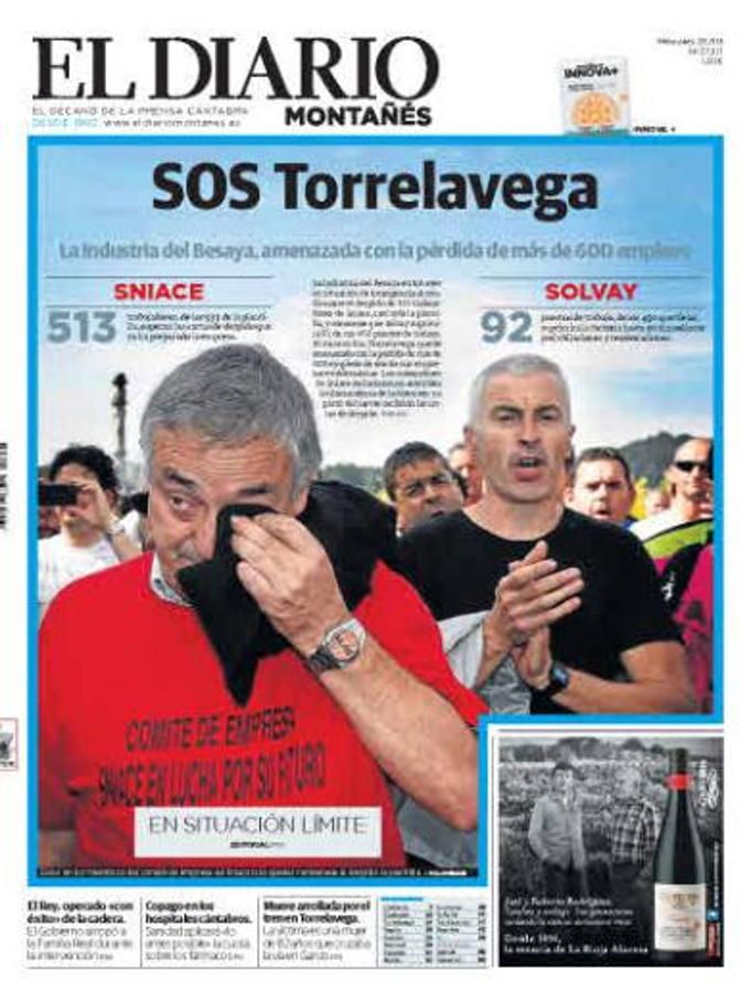 Portada del de 24 de septiembre de 2013 anunciando el cierre de Sniace y el despido de 513 trabajadores