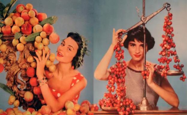 Melocotones y cerezas en el calendario Pirelli 1957, dedicado a las frutas de España.