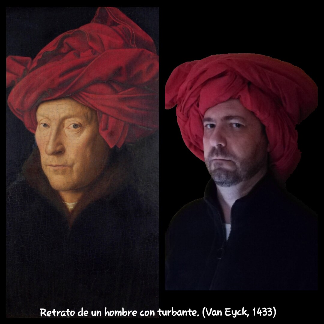 Título del cuadro: ‘Retrato de hombre con turbante’. Autor/a: Jan van Eyck. Pintado: 1433. Maestro/a imitador: César Sáenz, Maestro de Primaria.