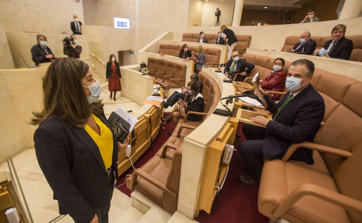 Francisco Ortiz (a la derecha) departe con María José Sáenz de Buruaga antes del comienzo del pleno. 