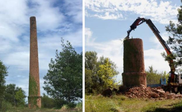 Derribada la chimenea de la antigua tejería de Sierrapando, en Torrelavega