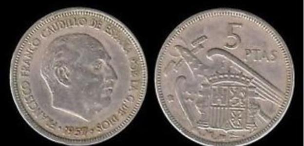 5 pesetas de 1957, los famosos 'duros'.