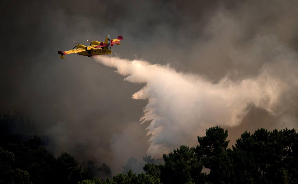 Un avión Canadair del Ejército del Aire español -similar al siniestrado- lanza su carga de agua sobre un fuego en Galicia.
