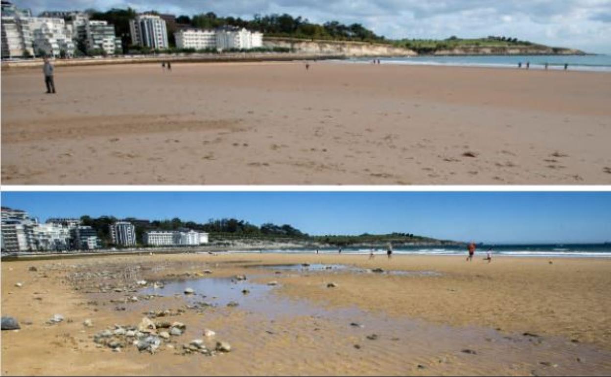 Arriba la playa este lunes, tras los temporales de fin de semana y abajo el aspecto que presentaba el pasado mes de mayo repleta de piedras