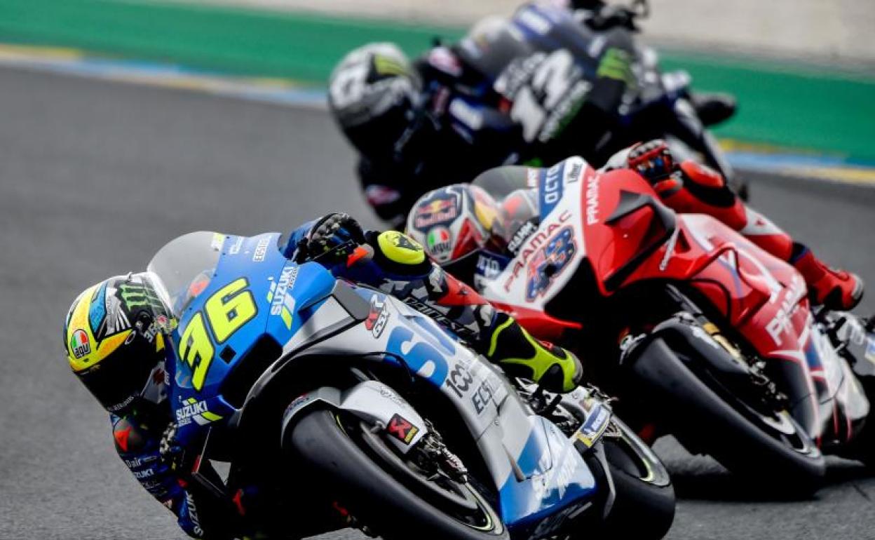 Joan Mir, Jack Miller y Maverick Viñales, en el circuito de Le Mans. 