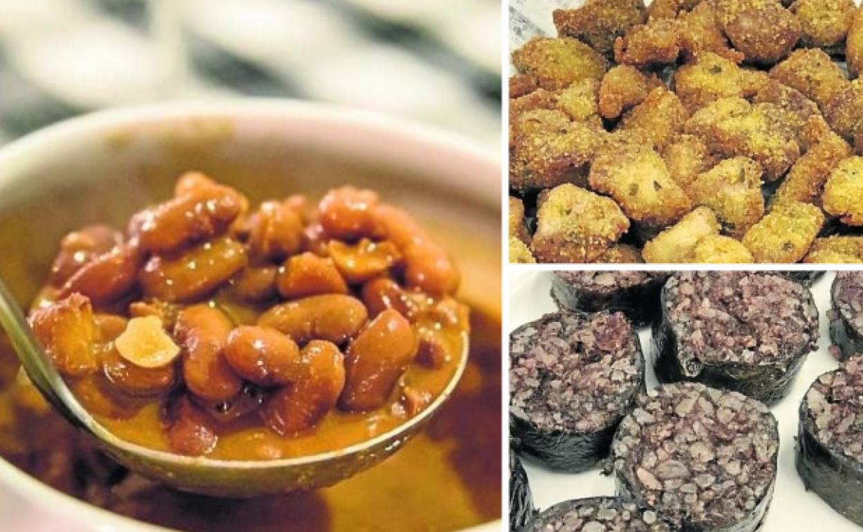 Alubias rojas, mollejas de cordero empanadas y morcilla a la parrilla