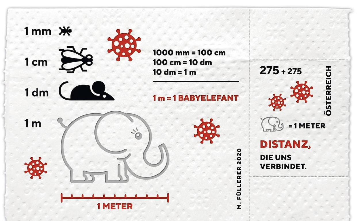 El sello impreso en papel higiénico muestra un bebé elefante para recordar la distancia de seguridad.