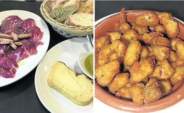 Cecina de buey, pastel de puerros y gambas, y media ración de mollejas.