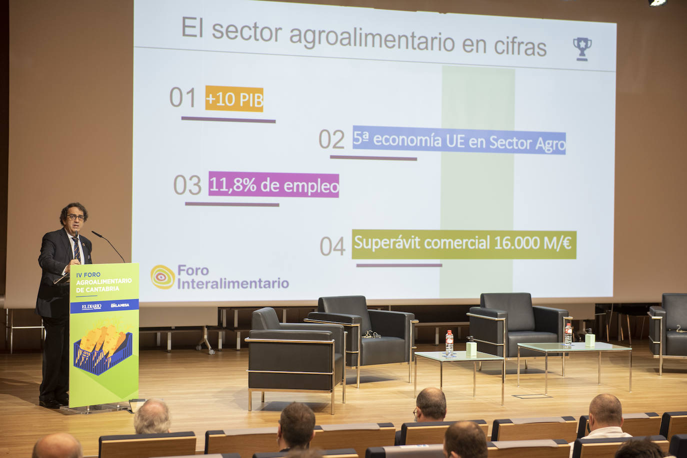 Hacer crecer el negocio dentro de sus posibilidades y diversificar los productos para llegar al consumidor y satisfacer todas las necesidades del cliente. Esas fueron dos de las conclusiones clave del IV Foro Agroalimentario, que organiza El Diario Montañés con el patrocinio de la Consejería de Desarrollo Rural, Ganadería, Pesca, Alimentación y Medio Ambiente del Gobierno de Cantabria, la Oficina de Calidad Alimentaria (Odeca) y el Foro Interalimentario. Con semblante serio, porque se preveía una complicada jornada, el presidente de la región, Miguel Ángel Revilla, mantuvo su compromiso e inauguró este encuentro recordando que comer es la primera necesidad para el ser humano, por lo que el sector agroalimentario es «vital». «Tenemos un sector primario potente, que crea riqueza y fija población en las zonas rurales».