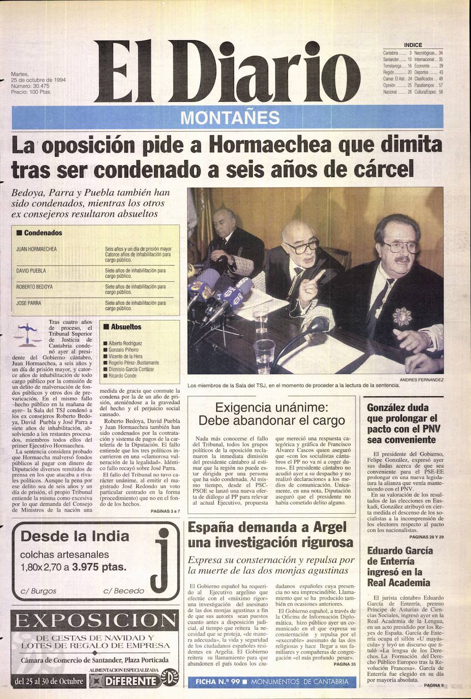 Portada de El Diario Montañés del 24 octubre 1994. Juan Hormaechea es condenado por malversación de fondos públicos y prevaricación.