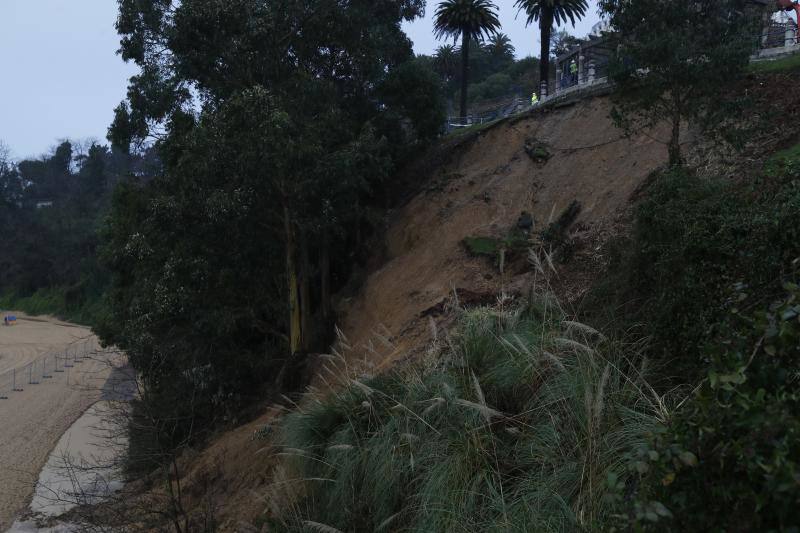 Operarios del Ayuntamiento de Santander han comenzado este martes a trabajar en la parte superior del talud de Reina Victoria, desde donde realizarán las actuaciones para rehabilitar el terreno que se ha desprendido sobre la playa de Los Peligros.