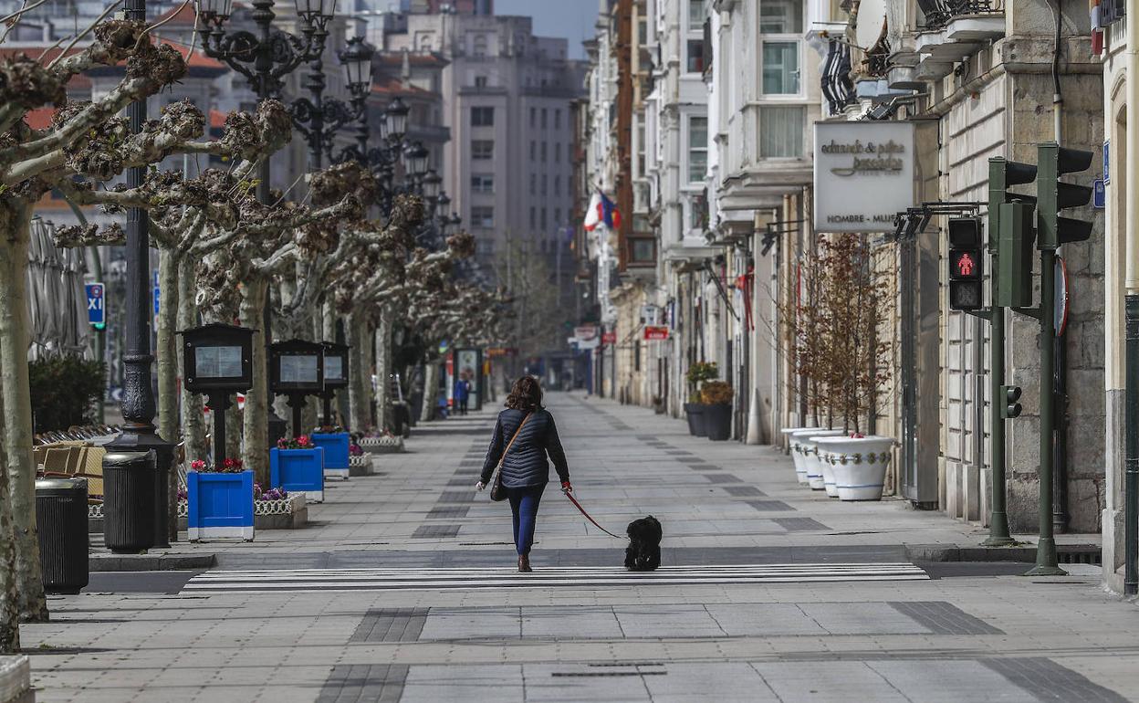 Una mujer pasea con su perro por el centro de Santander, una de las pocas actividades permitidas en el confinamiento. 