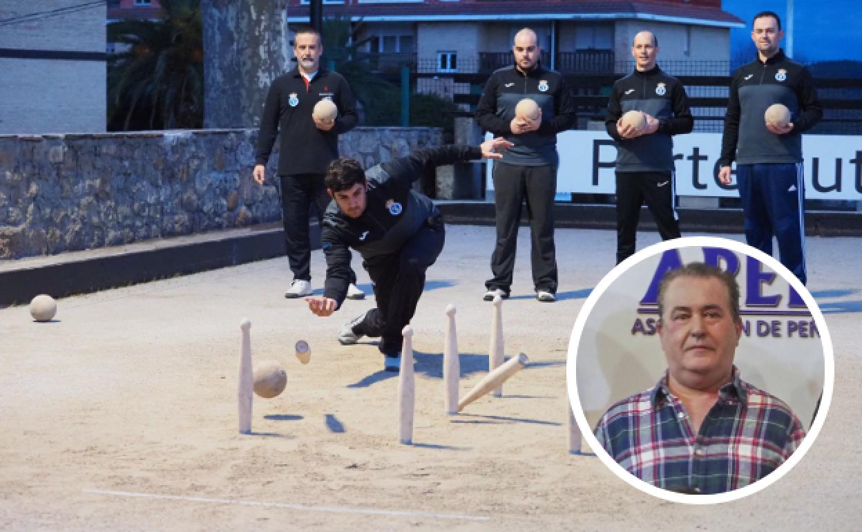 Los jugadores de J. Cuesta, en uno de sus primeros entrenamientos para esta temporada. En la imagen pequeña, Luis Bustamante, el que fuera presidente de la peña, que falleció en noviembre de 2020. 
