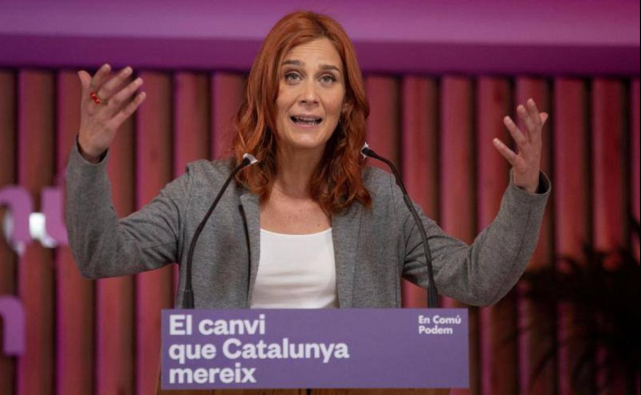 La candidata de En Comú Podem, Jessica Albiach, este domingo en un mitin telemático en Barcelona.