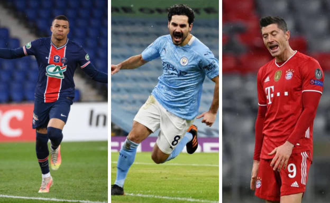 Kylian Mbappé, Ilkay Gündogan y Robert Lewandowski. 