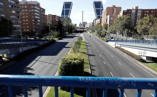 El paseo de la Castellana, en Madrid, sin nadie por la calle.