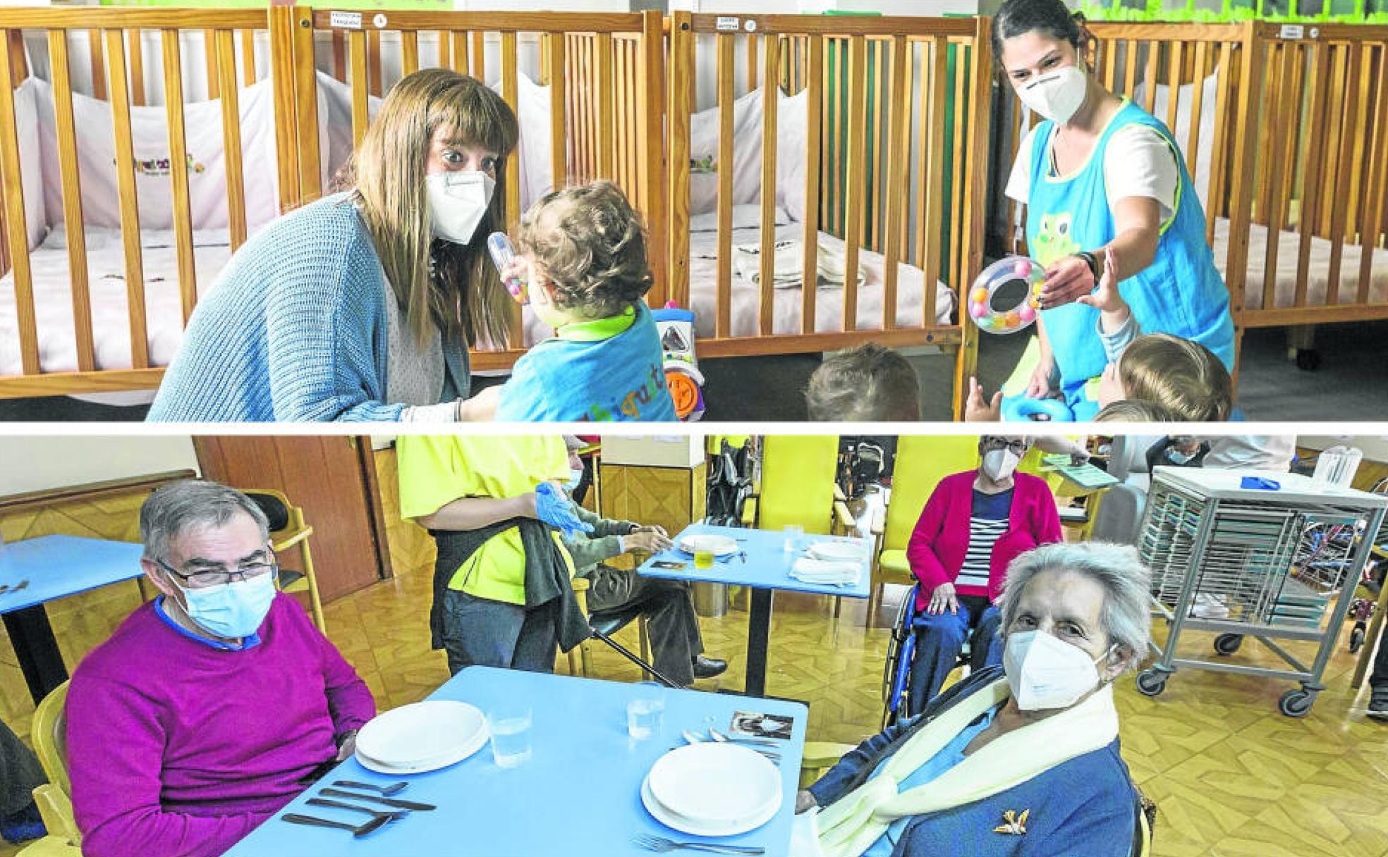 Arriba, Verónica Pérez, directora de la Escuela Infantil Chiquitín, en Valdenoja, y una de las trabajadoras juegan con un grupo de niños en una de las salas de la guardería. Abajo, las personas mayores de la residencia San Cipriano, en Santa Cruz de Bezana, esperan la hora de la comida separados en mesas y repartidos por grupos. 