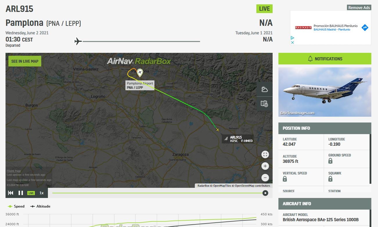 El avión que transportaba a Ghali inició su marcha a las 1:30 horas desde el aeropuerto de Noain (Pamplona).