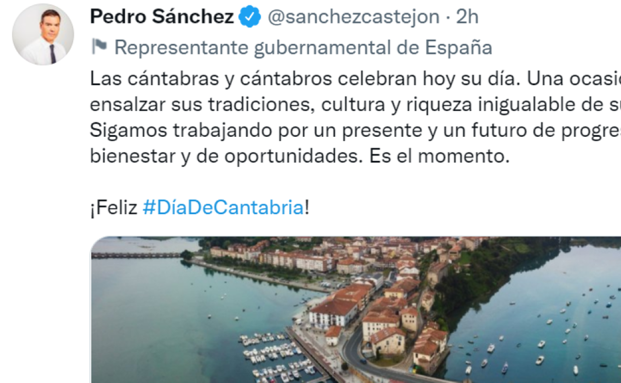 Sánchez ensalza las «tradiciones, cultura y riqueza inigualable» de Cantabria en el día de la comunidad