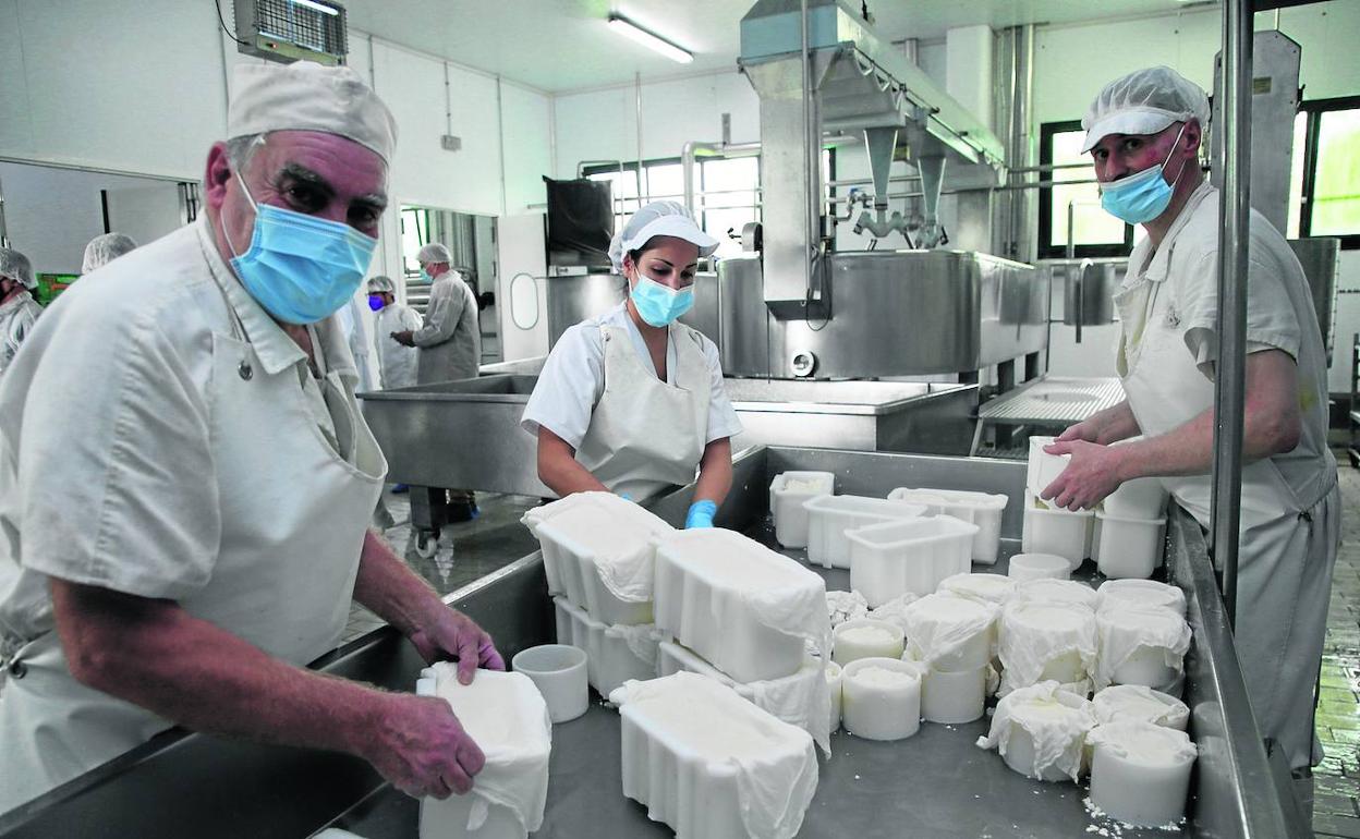 Proceso de moldeado, una de las primeras fases de la elaboración del queso. En la foto, José Luis Oslé, Andrea Oslé y Casimiro Cobo, maestro quesero.