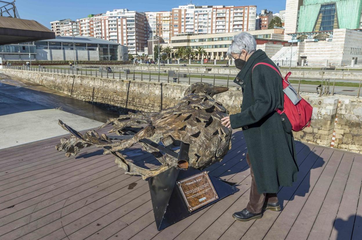 Una vecina, ayer, en la Duna de Zaera, observa la escultura caída de la paloma de la paz.