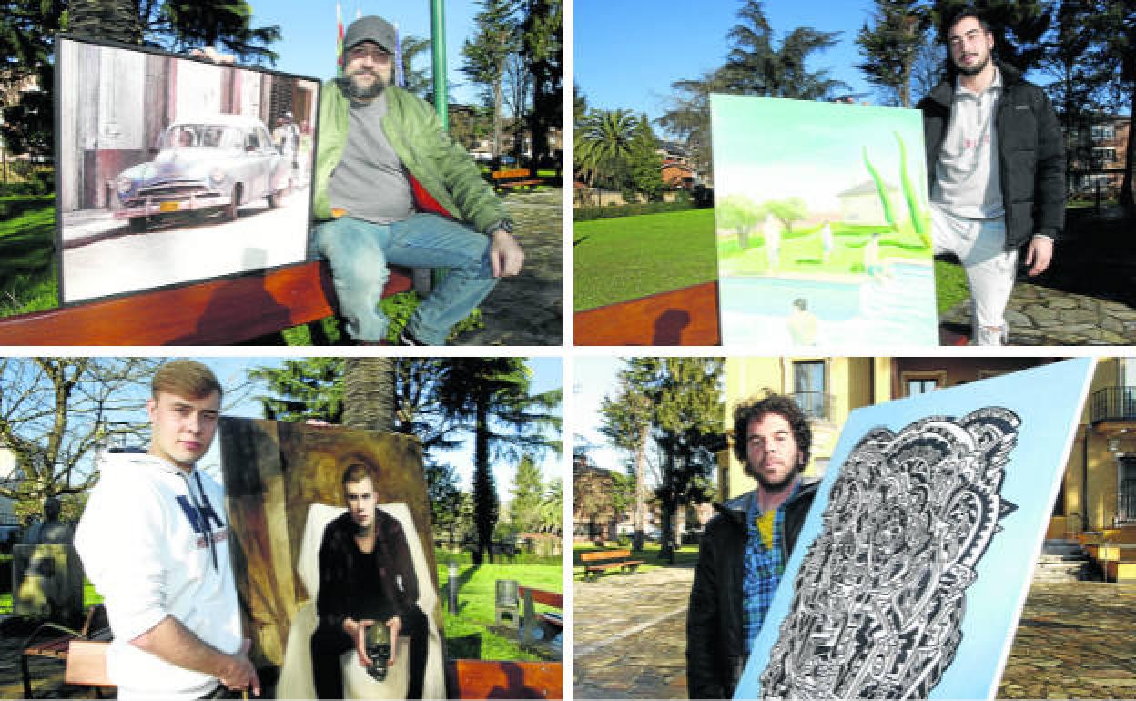 Cuatro de los ocho artistas participantes en la exposición 'Nuevos&Raros' posan junto a sus obras.