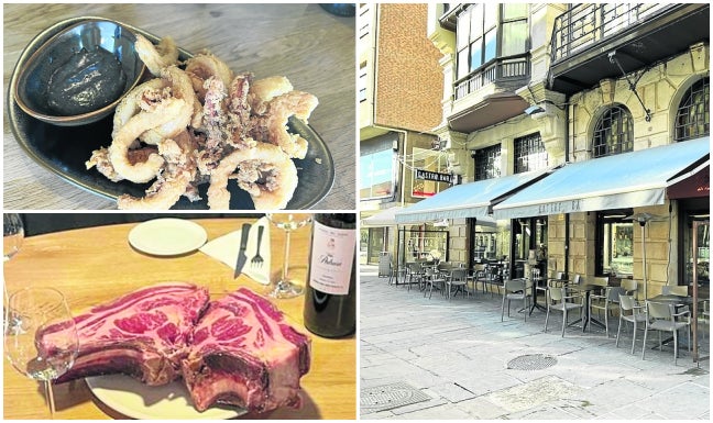 Fachada del establecimiento y terraza en la calle principal y peatonal. A la izquierda, ración de rabas con ali oli negro, a la hora del aperitivo; y chuletón madurado.