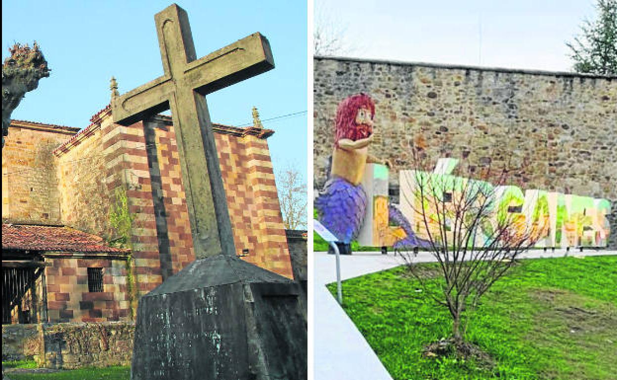 Monumento de los caídos que se encuentra junto a la iglesia de San Lorenzo de Pámanes y el letrero que se localiza en la renombrada Plaza de la Escuela, antes Plaza de los Caídos.