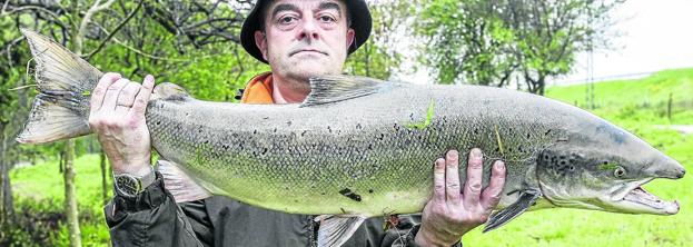 Un salmón espectacular capturado por José Luis Rodrigo en Carandía, en el coto de Guedes del río Pas. 