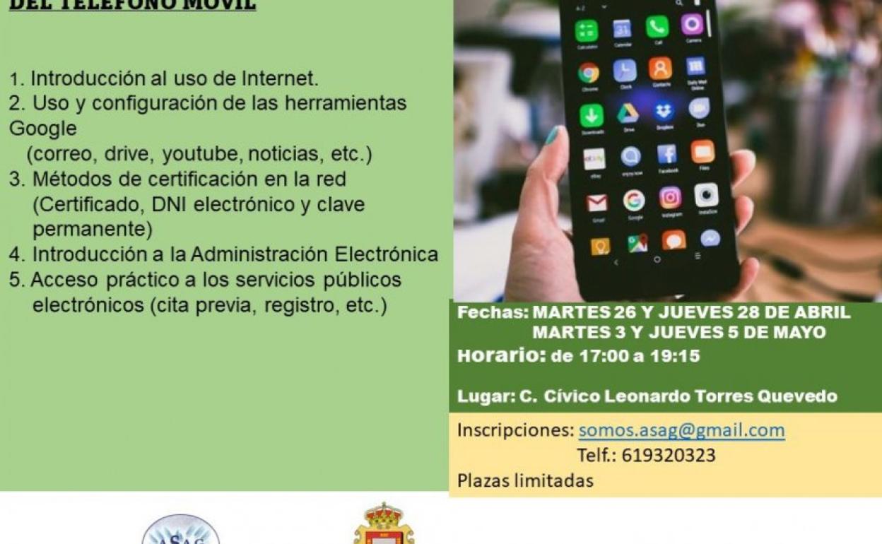 Cartel de presentación del curso sobre el manejo de móviles que se imparte en el centro cívico Torres Quevedo de El Astillero. 