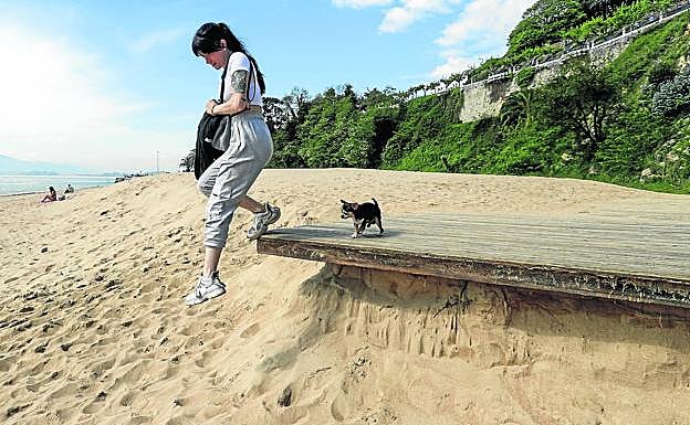 Imagen principal - Arriba, una joven salta en el accidentado acceso a Los Peligros. Al lado, la entrada a la segunda playa de El Sardinero, descarnada. Y los restos vegetales entre las playas de Los Peligros y La Magdalena. 