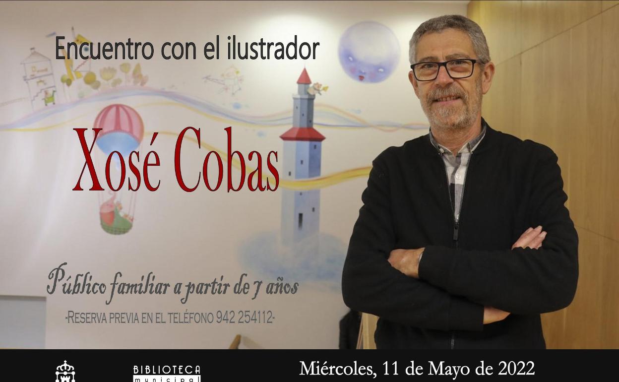 Cartel promocional de la cita con el ilustrador y diseñador Xosé Cobas, este miércoles en la Biblioteca Municipal de Camargo.